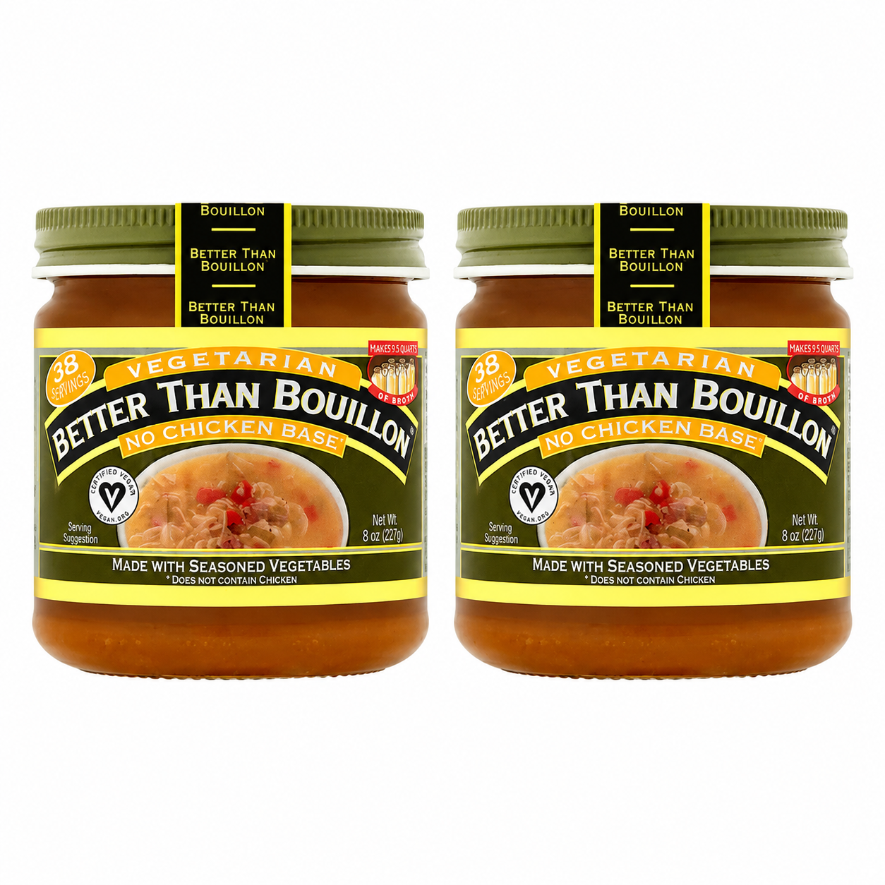 Better Than Bouillon Vegetarian No Chicken Base Made with Seasoned Vegetables Certified Vegan Makes 9.5 Quarts of Broth 38 Servings Jar 8 oz Better Than Bouillon